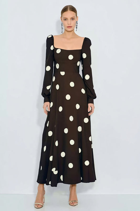 Brown and White Polka Dots Long Wedding Guest Dress with Sleeves