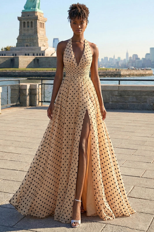 Black and Apricot Polka Dots A Line Halter Neck Long Prom Dress with Slit