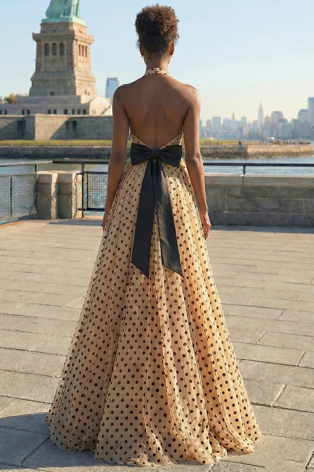 Black and Apricot Polka Dots A Line Halter Neck Long Prom Dress with Slit
