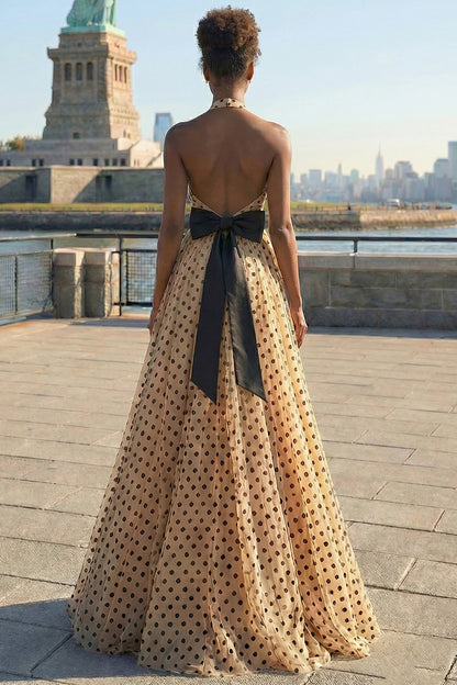 Black and Apricot Polka Dots A Line Halter Neck Long Prom Dress with Slit