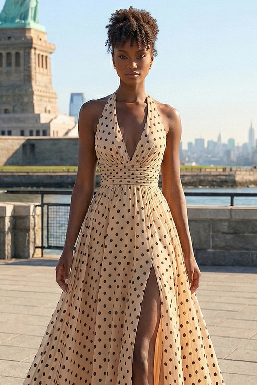 Black and Apricot Polka Dots A Line Halter Neck Long Prom Dress with Slit