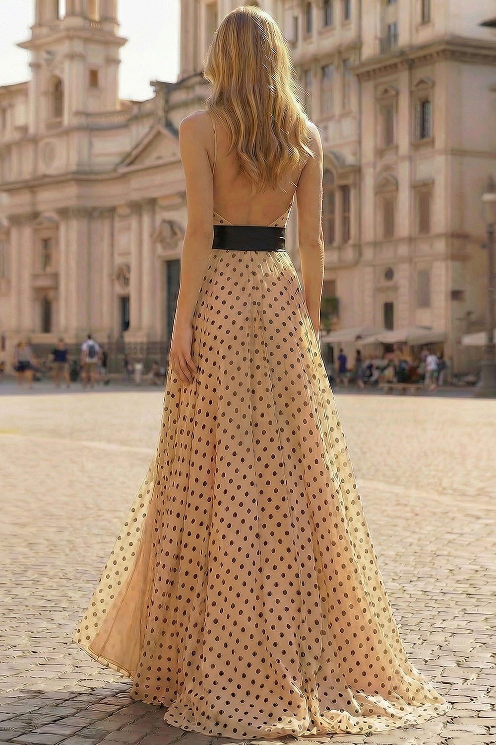 Black and Apricot Polka Dots Halter Neck A Line Long Prom Dress with Slit