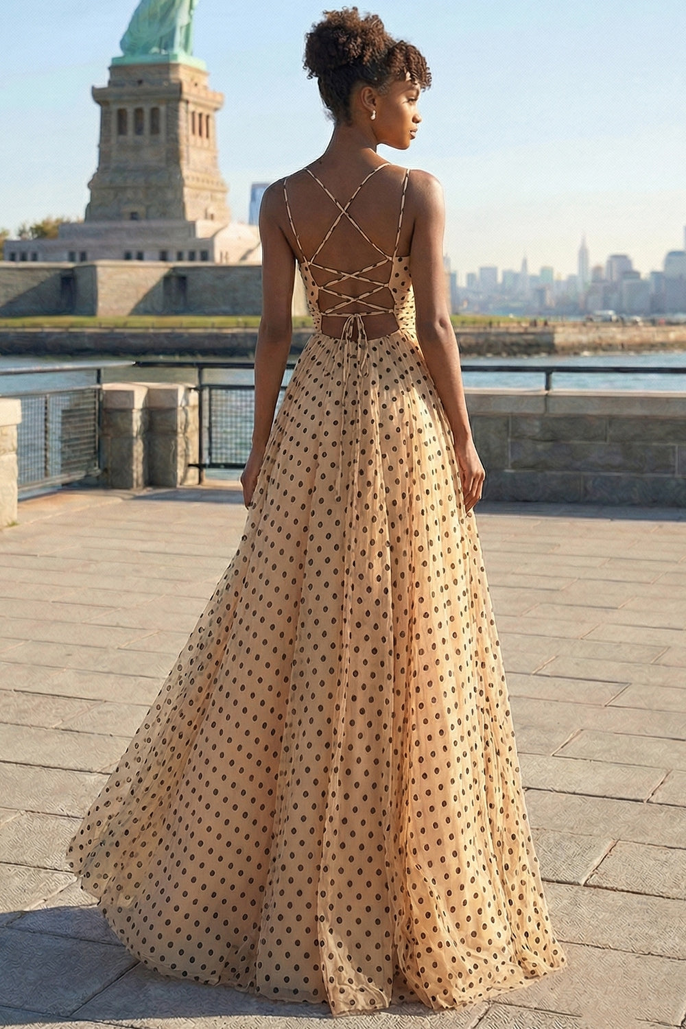 Black and Apricot Polka Dots Spaghetti Straps A Line Long Prom Dress with Slit