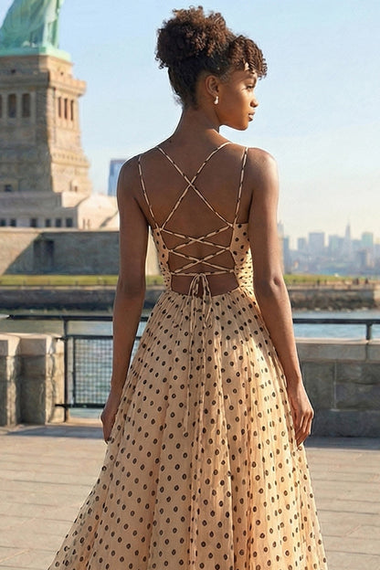 Black and Apricot Polka Dots Spaghetti Straps A Line Long Prom Dress with Slit