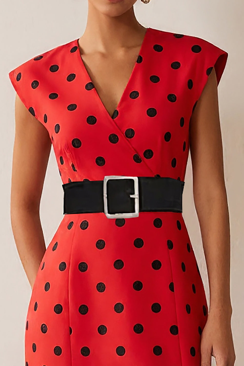 White and Black Polka Dots Pencil Midi Work Dress with Belt