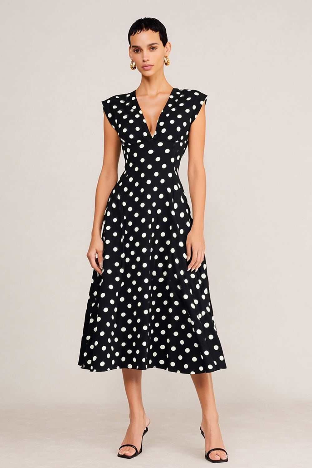 Black and White Polka Dots V-Neck A Line Midi Work Dress