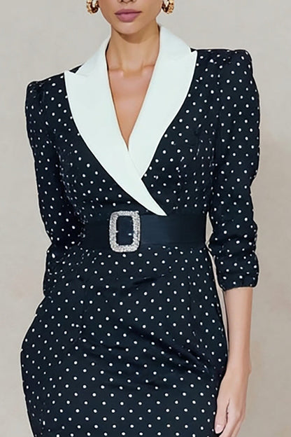 Navy and White Dots Peak Lapel Midi Blazer Dress with Slit