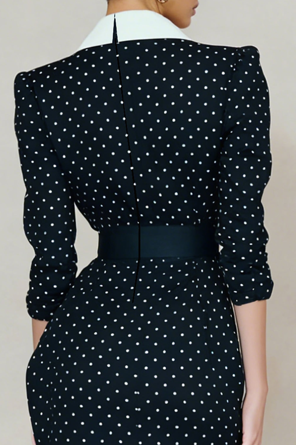 Navy and White Dots Peak Lapel Midi Blazer Dress with Slit