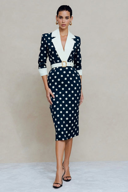 Navy and White Dots Notched Lapel Pencil Midi Blazer Dress with Belt