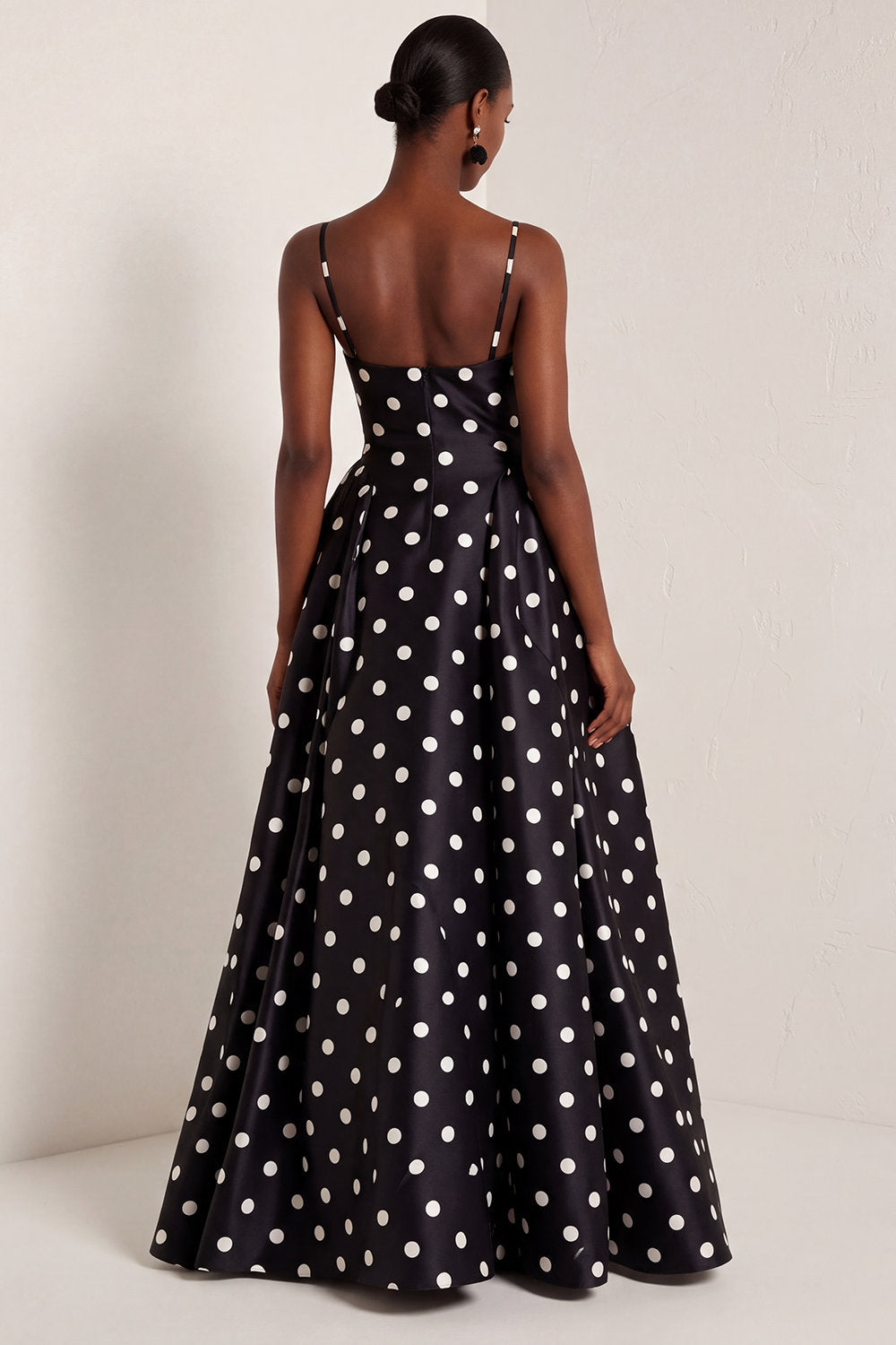 Black and White Polka Dots  A Line Satin Spaghetti Straps Long Formal Dress