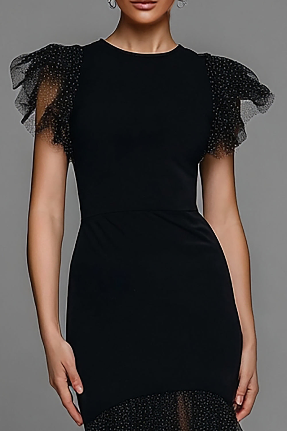 Black Polka Dots Mermaid Tulle Long Formal Dress with Ruffles
