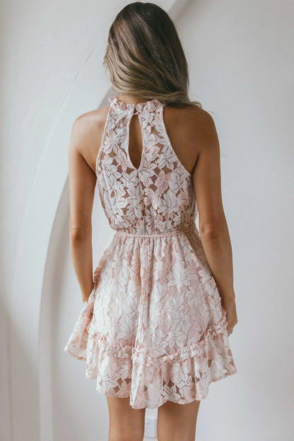Ever After Halterneck Elasticated Waist Lace Mini Dress Apricot