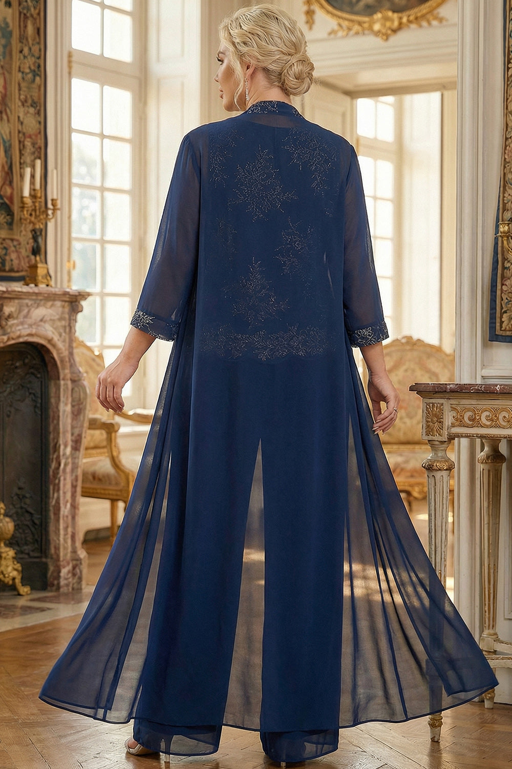 3 Piece Navy Chiffon Plus Size Floral V Neck Long Mother of the Bride Pantsuits