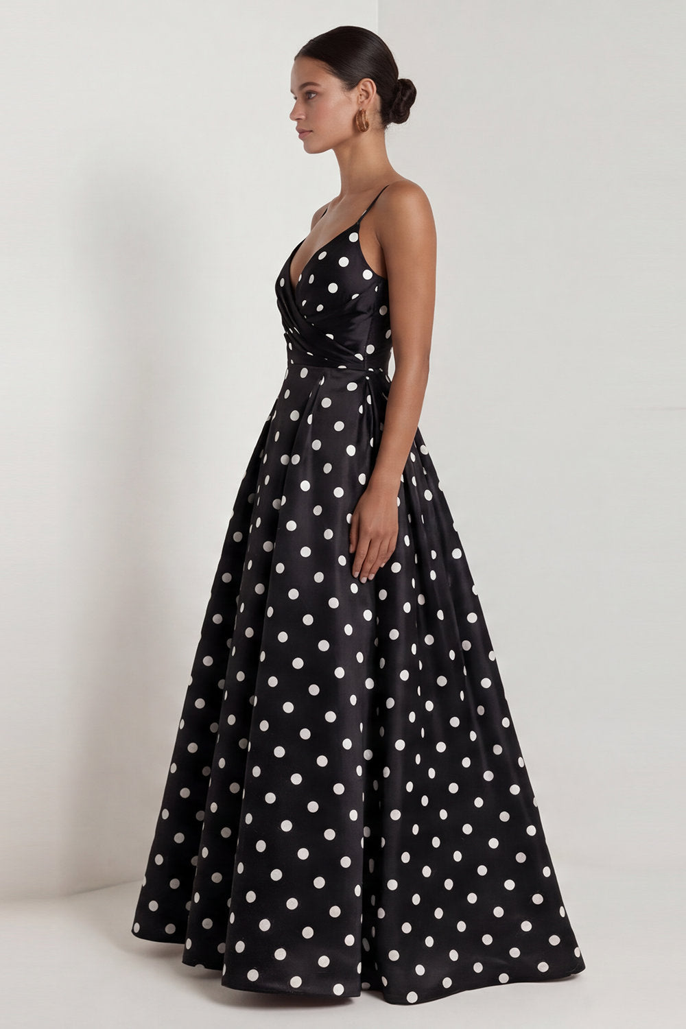 Black and White Polka Dots Ruched Long A Line Formal Dress