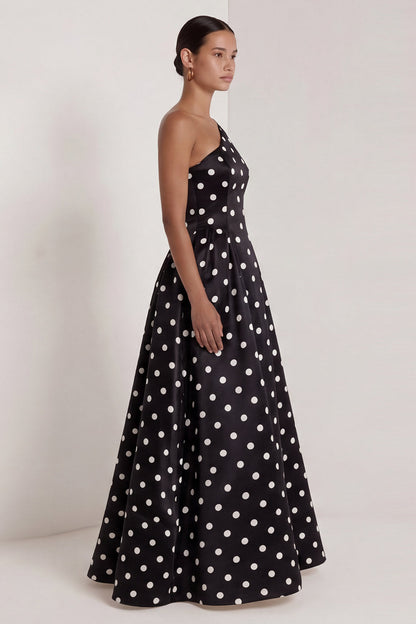 One Shoulder Black and White Polka Dots Long A Line Formal Dress