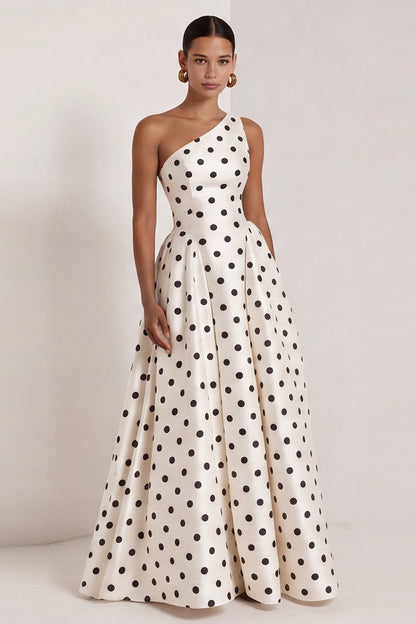 One Shoulder Black and White Polka Dots Long A Line Formal Dress