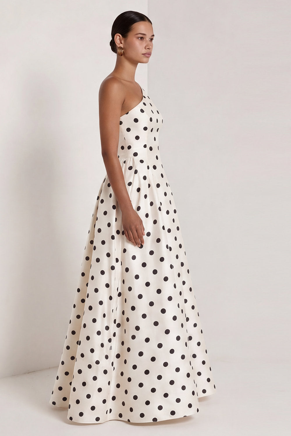 One Shoulder Black and White Polka Dots Long A Line Formal Dress