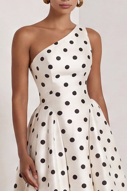 One Shoulder Black and White Polka Dots Long A Line Formal Dress