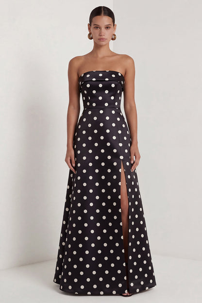 Strapless Black and White Polka Dots Long A Line Formal Dress with Slit