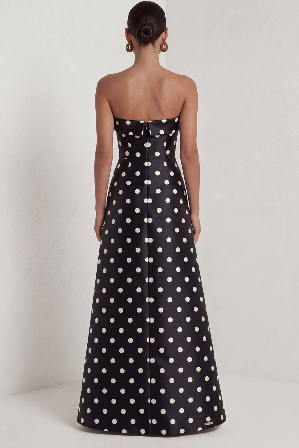 Strapless Black and White Polka Dots Long A Line Formal Dress with Slit