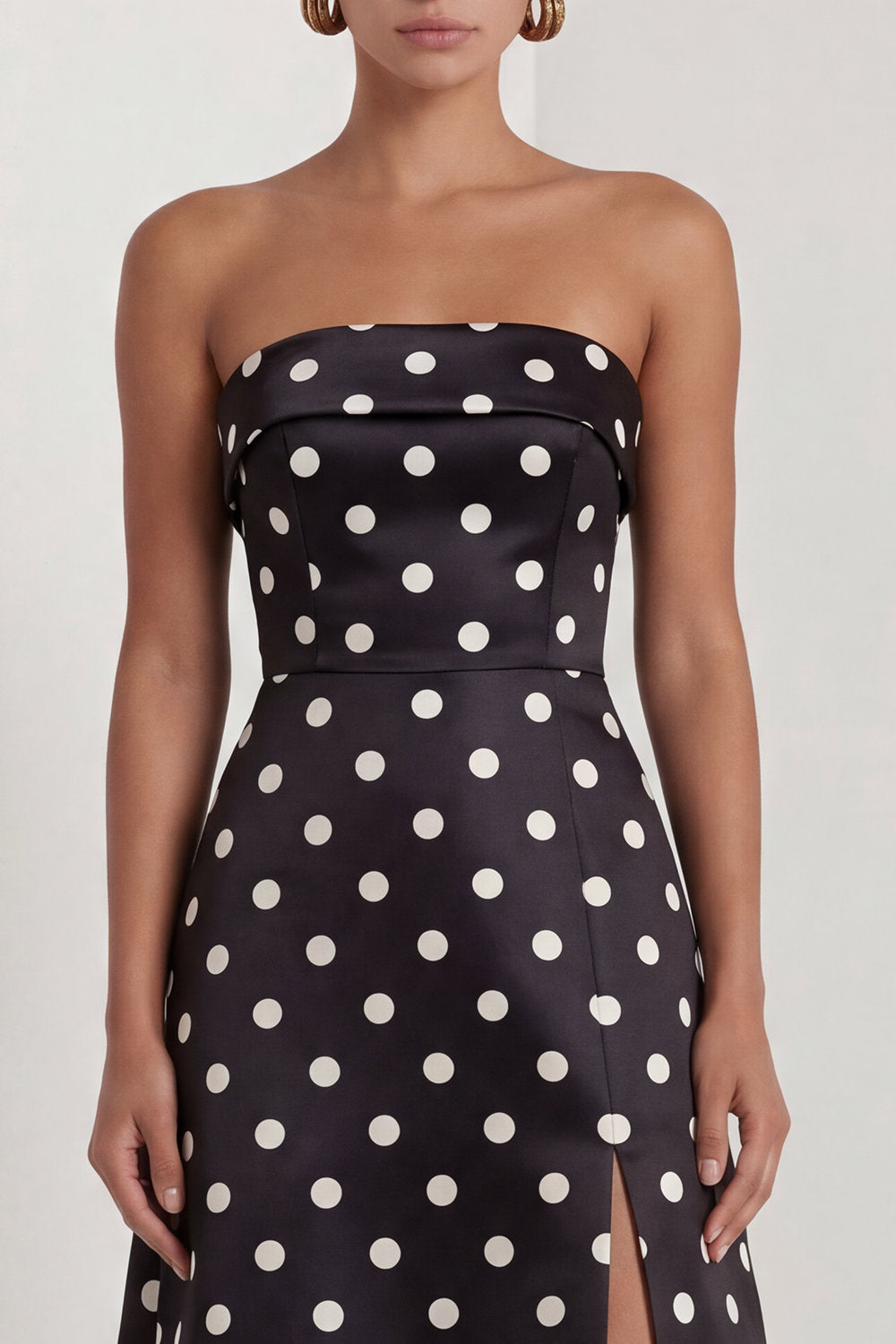 Strapless Black and White Polka Dots Long A Line Formal Dress with Slit