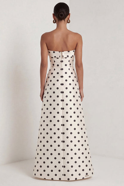 Strapless Black and White Polka Dots Long A Line Formal Dress with Slit
