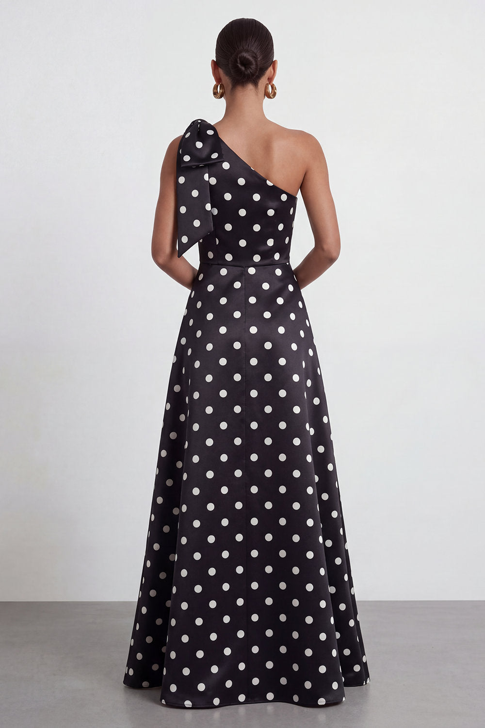 A Line Black and White Polka Dots Long Formal Dress with Bow