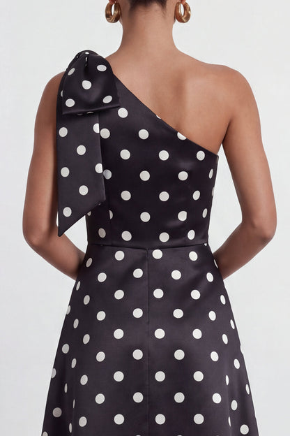 A Line Black and White Polka Dots Long Formal Dress with Bow