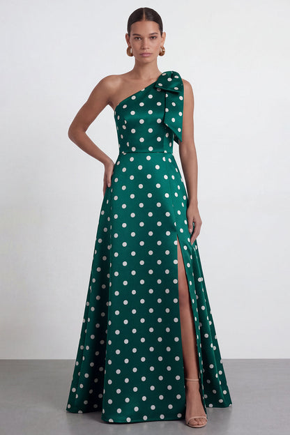 A Line Black and White Polka Dots Long Formal Dress with Bow