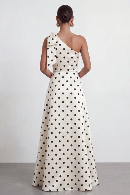A Line Black and White Polka Dots Long Formal Dress with Bow