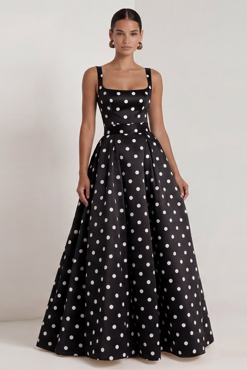 Long Square Neck A Line Black Polka Dots Formal Dress with Bow