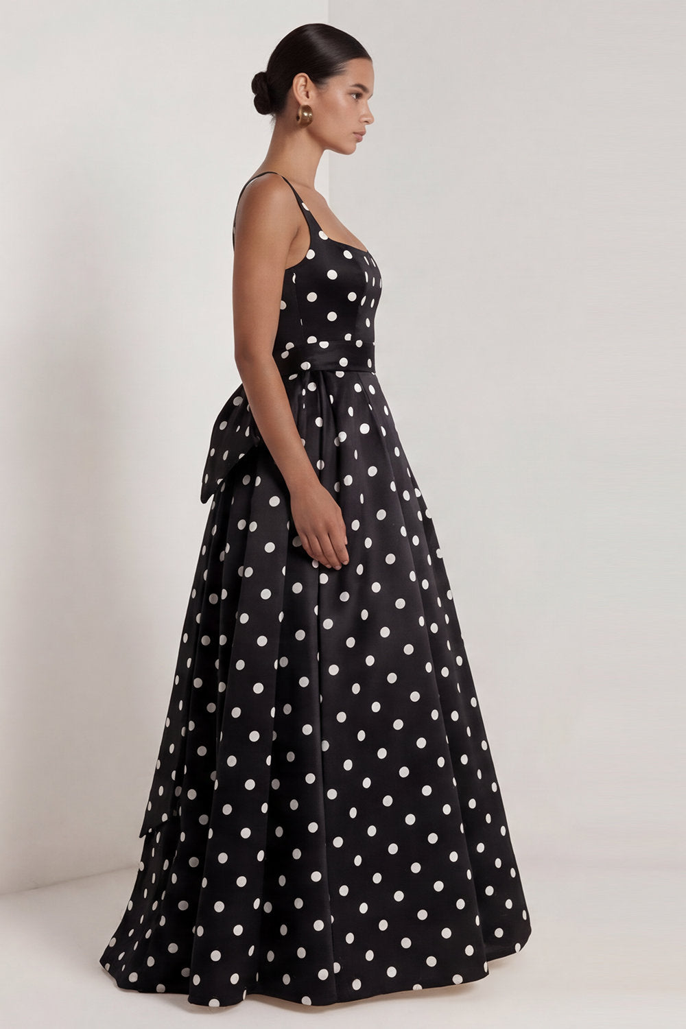 Long Square Neck A Line Black Polka Dots Formal Dress with Bow
