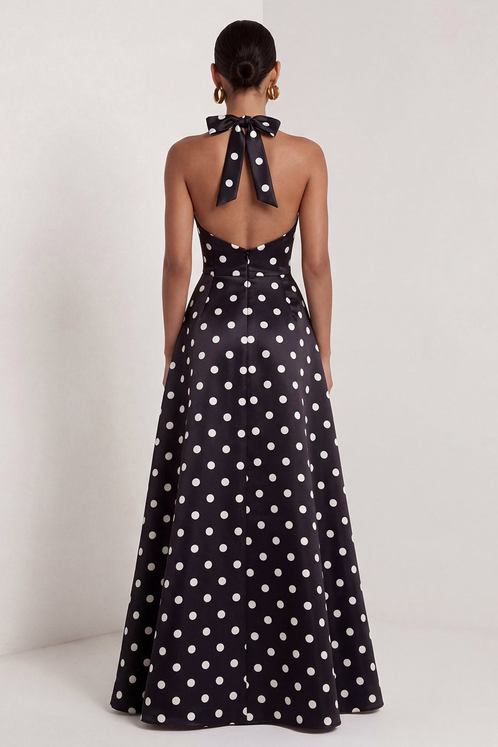 Halter A Line Black and White Polka Dots Long Formal Dress with Bow