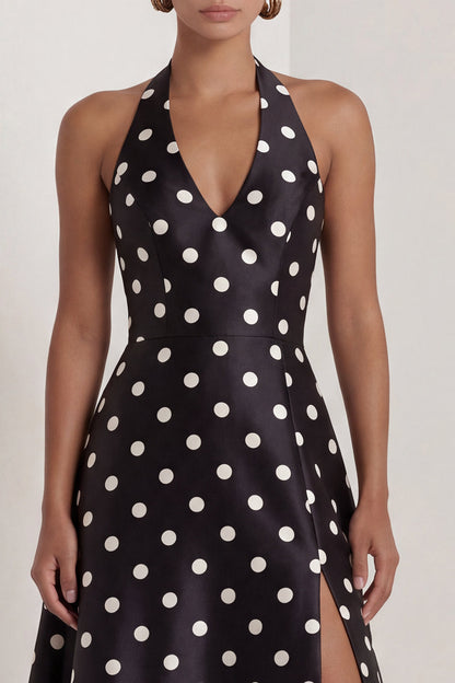 Halter A Line Black and White Polka Dots Long Formal Dress with Bow
