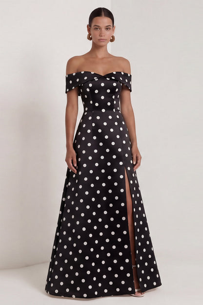 A Line Black and White Polka Dots Long Formal Dress with Slit
