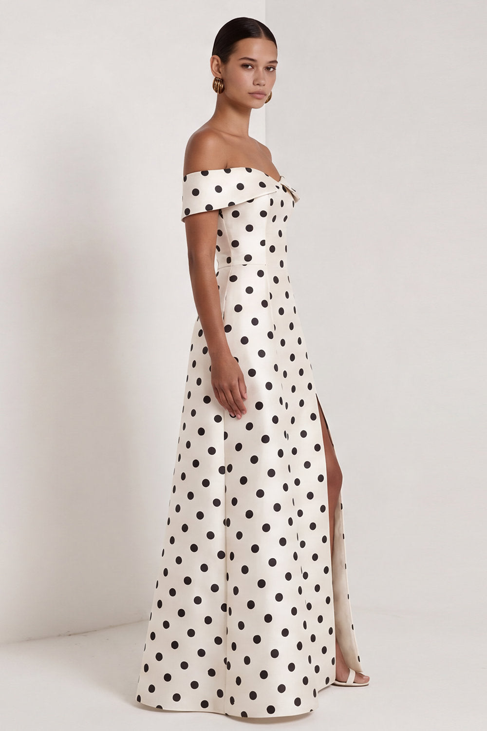A Line Black and White Polka Dots Long Formal Dress with Slit