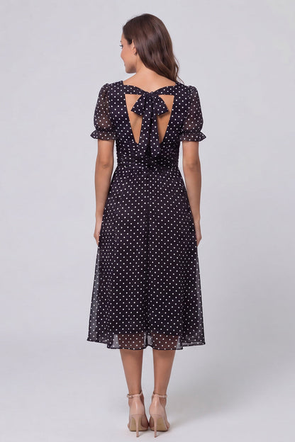 Black and White Polka Dots Short Sleeves Long A Line Work Dress