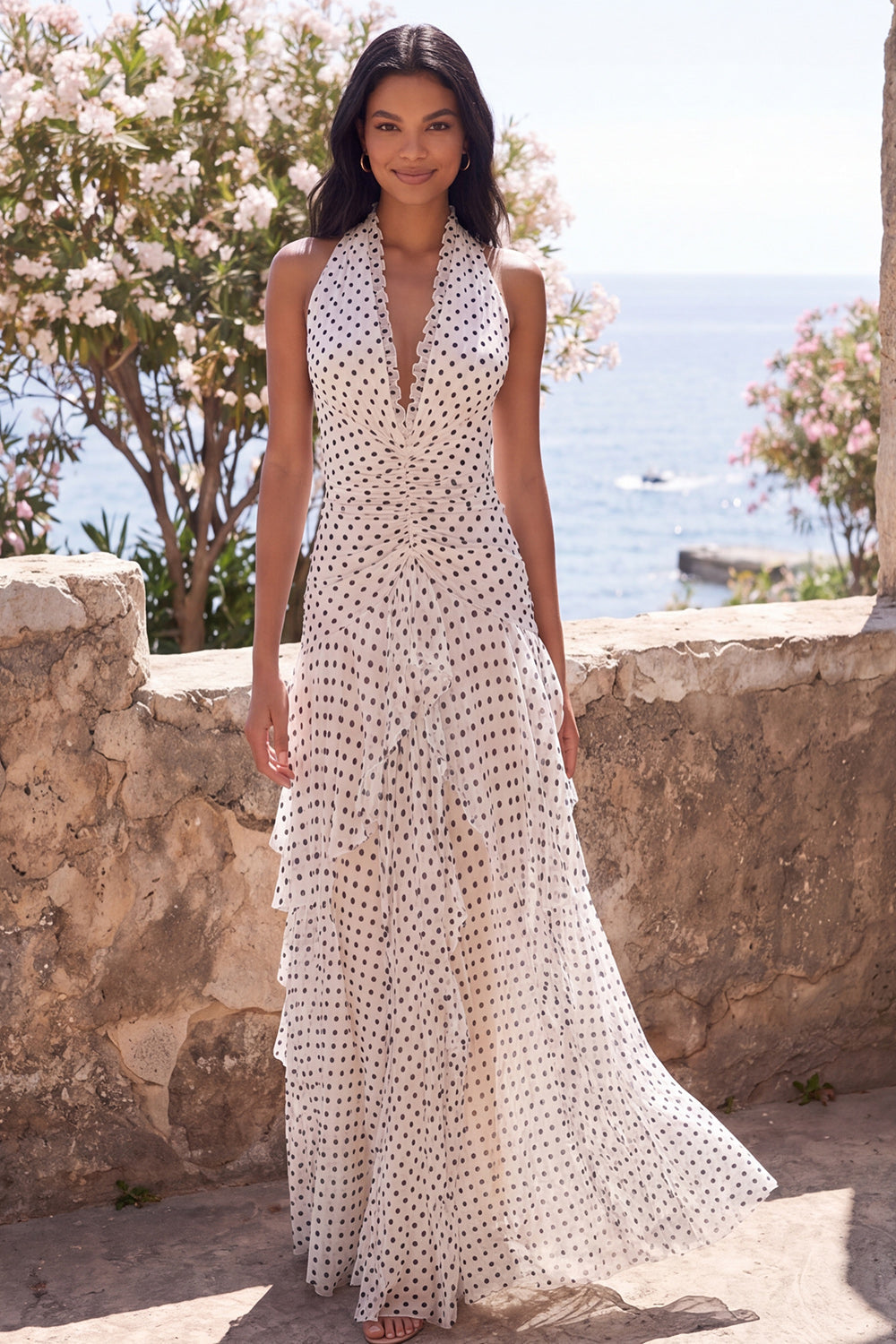White and Black Polka Dots Halter Ruched A Line Long Formal Dress with Ruffles