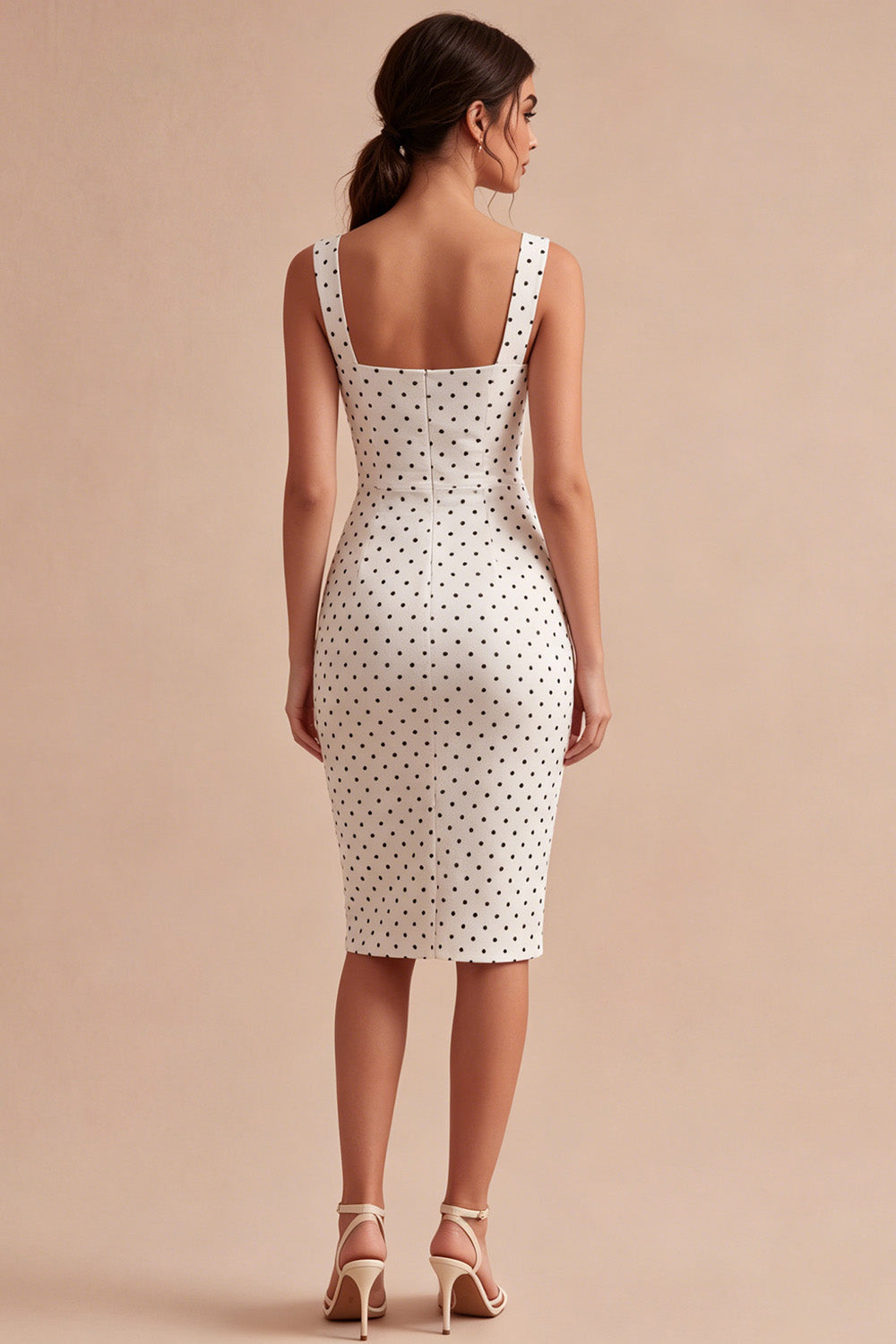White and Black Square Neck Bodycon Midi Polka Dots Dress