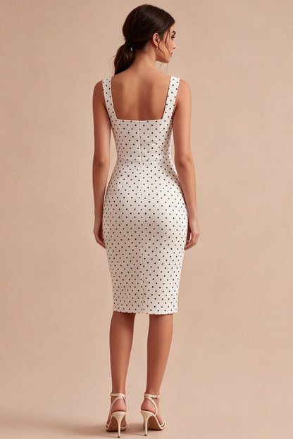 White and Black Square Neck Bodycon Midi Polka Dots Dress