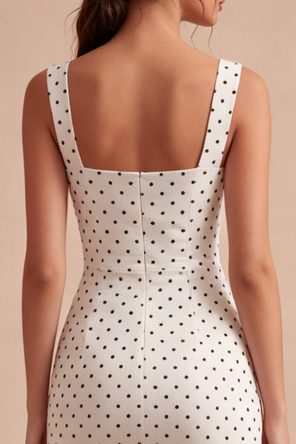 White and Black Square Neck Bodycon Midi Polka Dots Dress