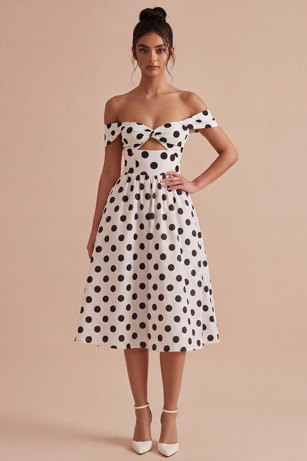 White and Black Keyhole Off the Shoulder A Line Midi Polka Dots Dress