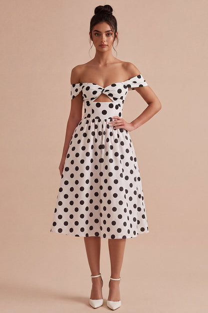 White and Black Keyhole Off the Shoulder A Line Midi Polka Dots Dress