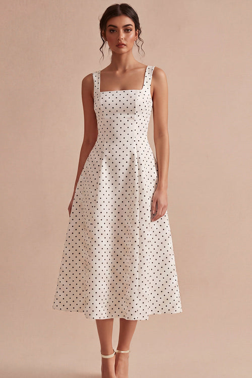 White and Black Thick Straps A Line Maxi Polka Dots Dress