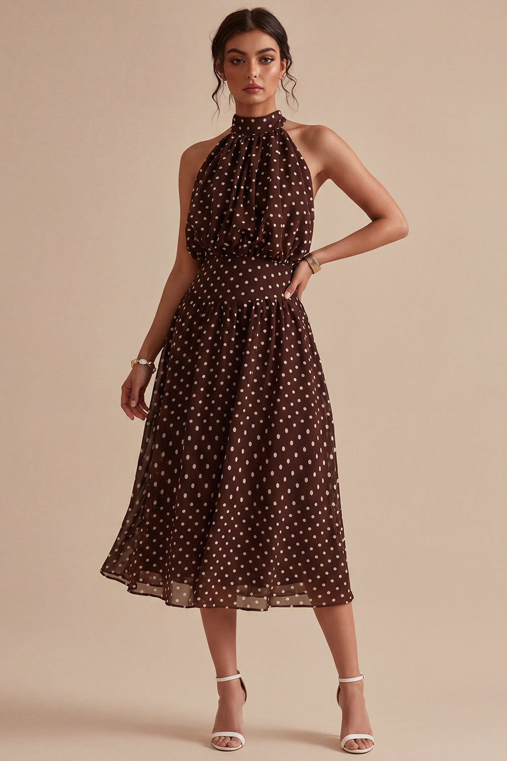 Coffee and White High Neck A Line Maxi Polka Dots Dress