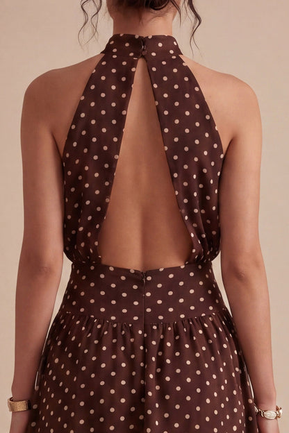 Coffee and White High Neck A Line Maxi Polka Dots Dress