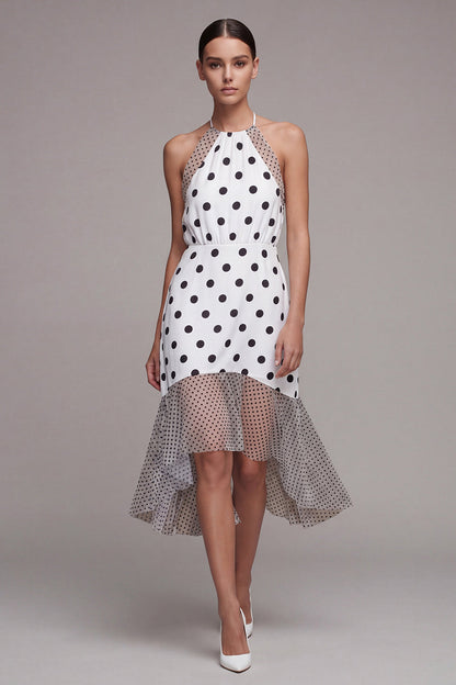 White and Black Halter High Low Polka Dots Dress