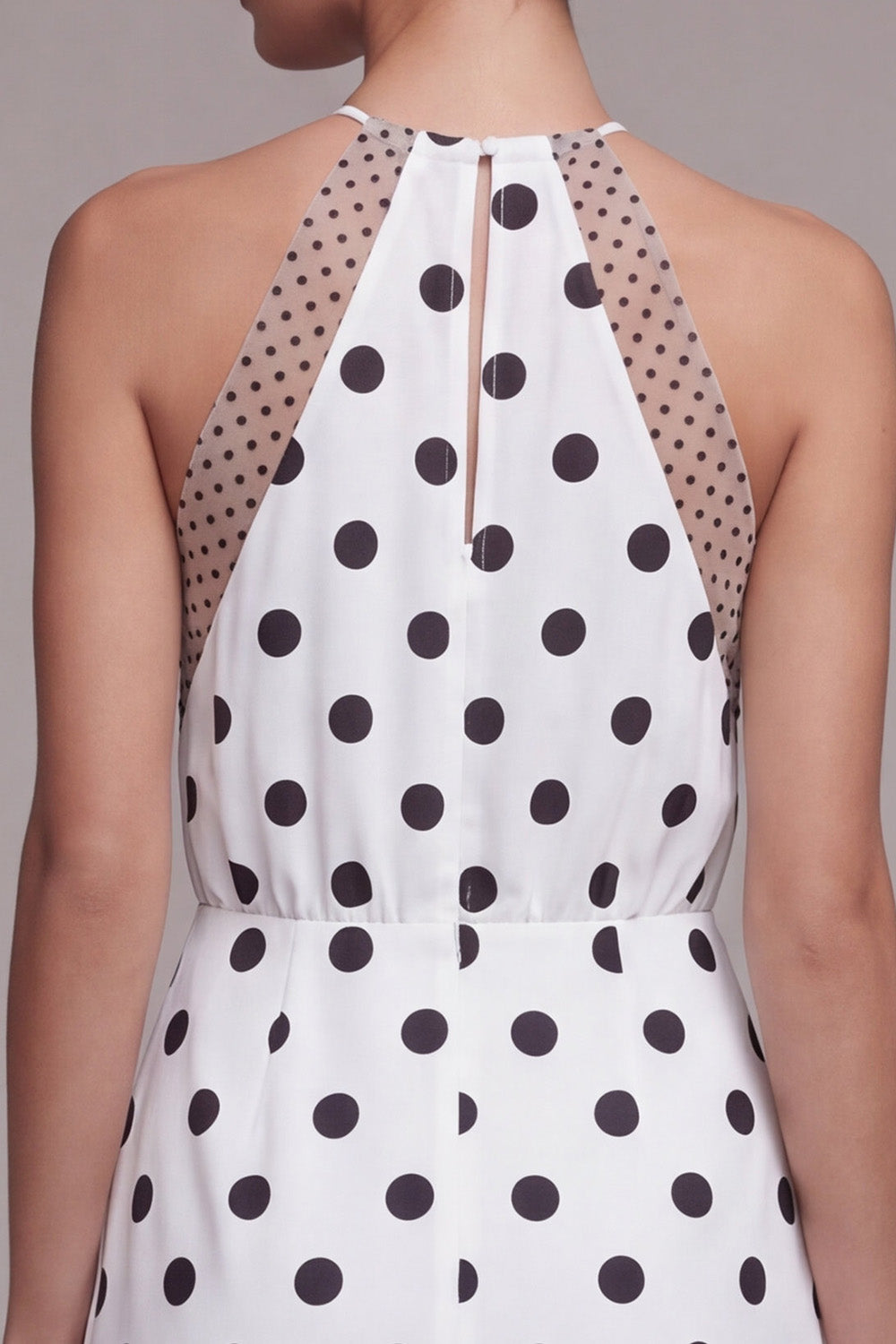 White and Black Halter High Low Polka Dots Dress