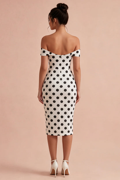Bodycon White and Black Keyhole Off the Shoulder Midi Polka Dots Dress