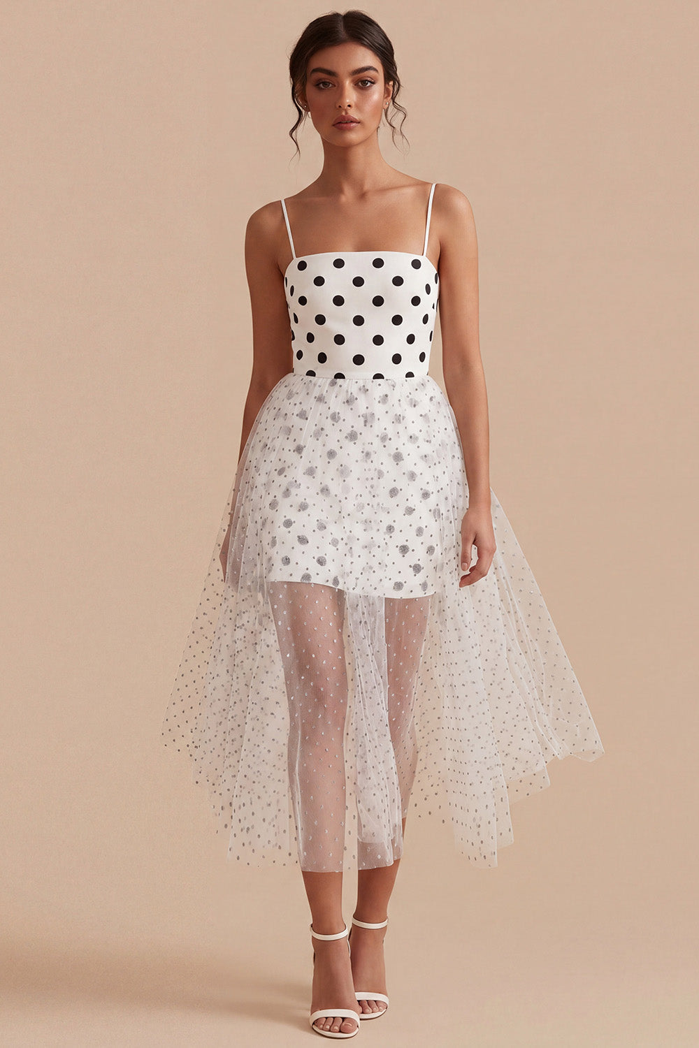 White and Black Spaghetti Straps A Line Maxi Polka Dots Dress